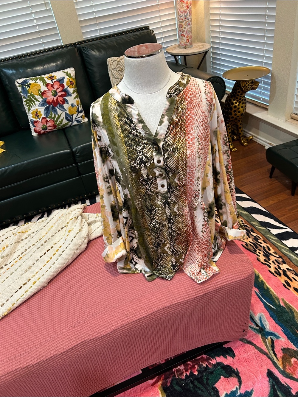 new directions Olive and Coral Printed Button-Front Blouse